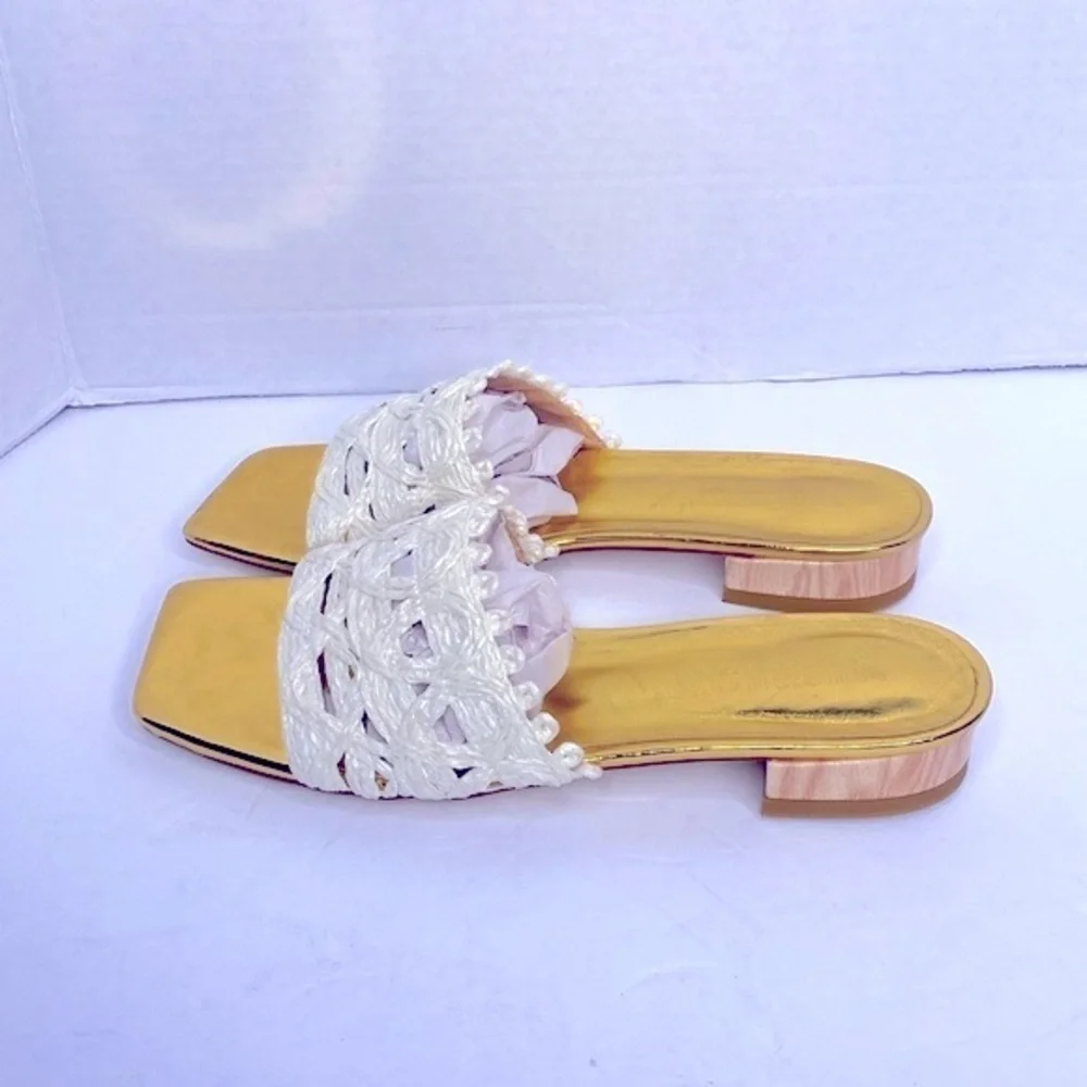 THINGS II COME Women's Tavita Slide Wood Heel Straw Flat Sandals Size 8